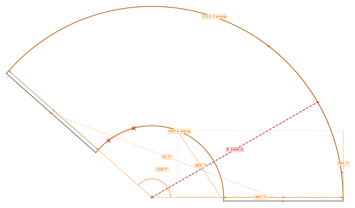 A cone development on screen with girth, radius and perpendicular measurements marked on it