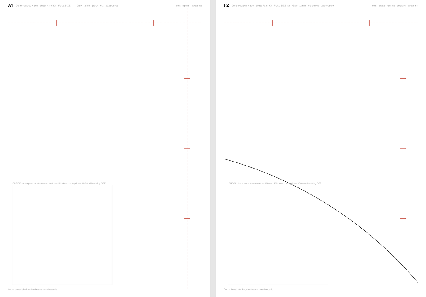 Two sheets of a full-size tiled print, with trim lines, registration marks and a check square